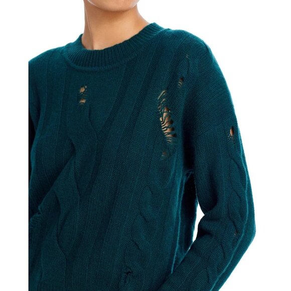 AQUA CASHMERE Distressed Cable Crewneck Cashmere Sweater Forest Size XL NWT - Picture 2 of 6